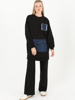 Siyah İki İplik Kumaş Kot Kanguru Cepli Sweatshirt