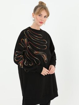 Siyah İki İplik Kumaş Örgü Desenli Sweatshirt