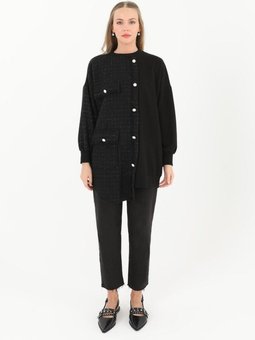 Siyah İki İplik Kumaş Örgü Detaylı Sweatshirt