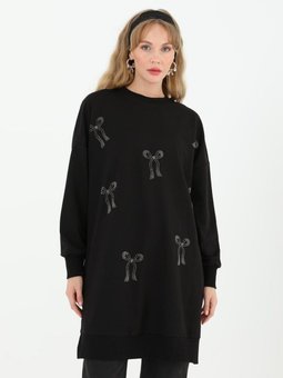 Siyah İki İplik Kumaş Taş Baskılı Sweatshirt