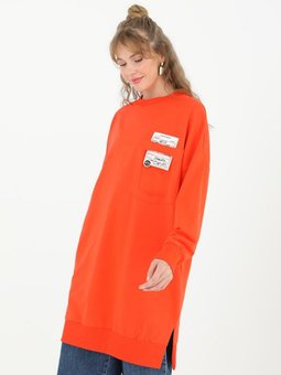 Turuncu İki İplik Kumaş Cep Ve Yazı Detaylı Sweatshirt
