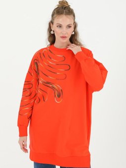 Turuncu İki İplik Kumaş Örgü Desenli Sweatshirt