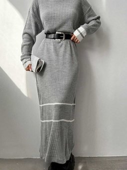 Gri Şerit Detaylı Triko Elbise