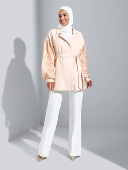 Balon Kol Brode Detaylı Kuşaklı Ceket Bej