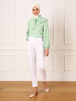 Doğal Kumaşlı Beli Püskül Detaylı Yüksek Bel Kot Pantolon Beyaz