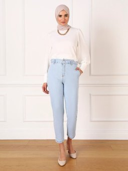 Doğal Kumaşlı Beli Püskül Detaylı Yüksek Bel Kot Pantolon Buz Mavi