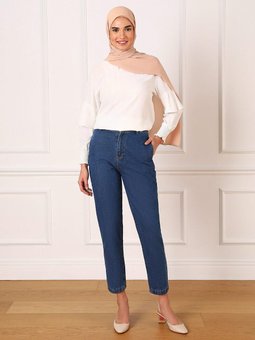 Doğal Kumaşlı Beli Püskül Detaylı Yüksek Bel Kot Pantolon İndigo