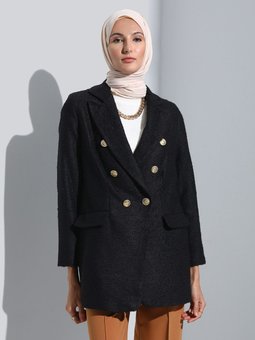 Düğme Detaylı Tuvid Ceket Siyah