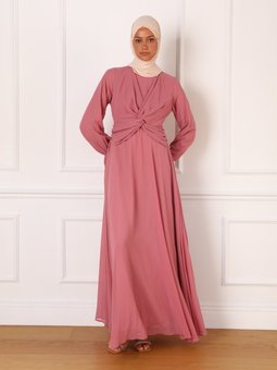 Düğüm Detaylı Şifon Koyu Gül Abiye Elbise