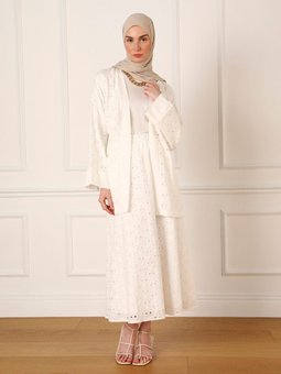 Fisto Nakışlı Beli Lastikli Şık Etek Beyaz