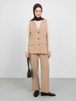 Gizli Cep Detaylı Taş Rengi Yelek