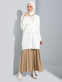 İnci Detaylı Triko Hırka Kemik