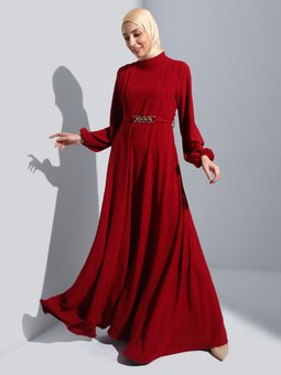 Kemer Detaylı Bordo Abiye Elbise