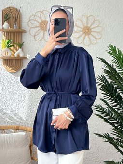 22420 Omuz Büzgülü Saten Gömlek Lacivert