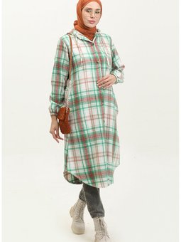 Ekose Desen Kapüşonlu Kap Nzr001b 03 Yeşil Ekru