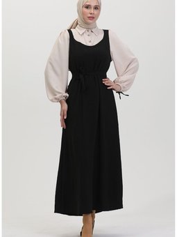 Kuşaklı Jile Elbise 0490 02 Vizon Siyah