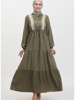 Nakışlı Beli Büzgülü Elbise 0380 05 Haki