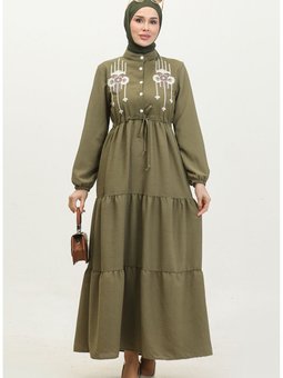 Nakışlı İpli Kemerli Elbise 0382 01 Haki
