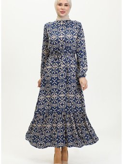 Viskon Desenli Elbise 0362 04 Lacivert
