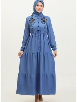 Yarım Düğmeli Nakışlı Elbise 0381 01 İndigo