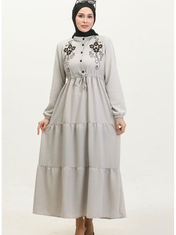 Yarım Düğmeli Nakışlı Elbise 0381 04 Gri