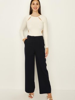 Lacivert Nervür Dikişli Geniş Paça Pantolon