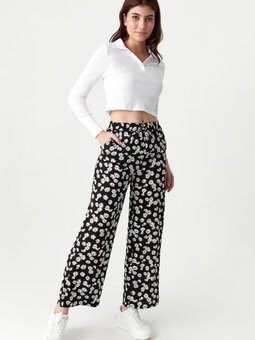 Siyah Beli Lastikli Geniş Paça Pantolon