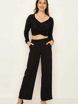 Siyah Nervür Dikişli Geniş Paça Pantolon