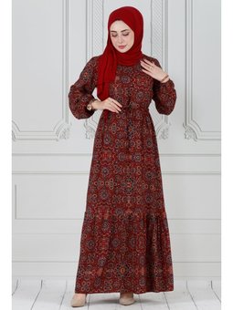 Çini Desen Beli Tünelli Viskon Kırmızı Elbise