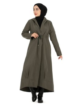 Kapüşonlu Eteği Volanlı Haki Trençkot