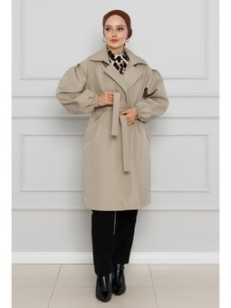 Kruvaze Yaka Kolu Lastikli Taş Trençkot