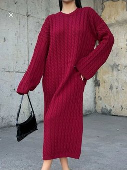 Bordo Saç Örgülü Uzun Kollu Ve Bisiklet Yaka Triko Elbise