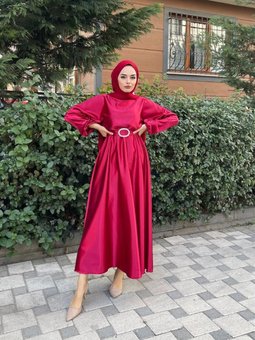 Beli Lastikli Kemerli Saten Abiye Elbise Bordo