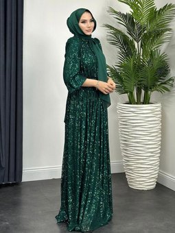 Full Payet İşlemeli Abiye Elbise Zümrüt Yeşili
