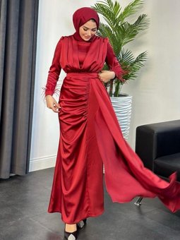 Kuyruk Detaylı Saten Abiye Elbise Bordo