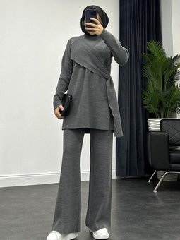 Yandan Şallı Triko Takım Füme