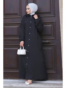 Büyük Beden Çıkarılabilir Kapüşonlu Boydan Düğmeli Ferace Siyah Kap