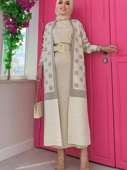 Bej (taş) Puantiyeli Triko Ceket T 4216