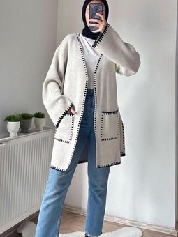 Kadın Ekru Kuşaklı Triko Hırka T 4788