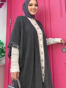 Kadın Gri (füme) Püskül Detaylı Triko Hırka T 1341