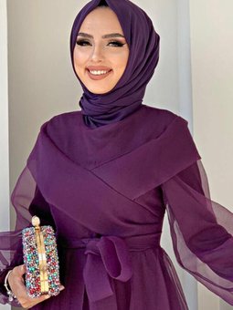 Mor Kuşaklı Tüllü Abiye Elbise T 4693