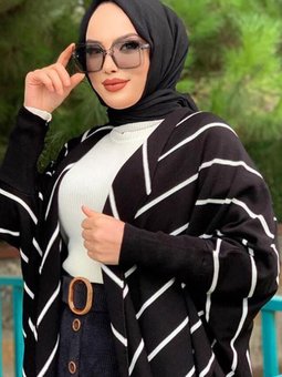 Siyah Çizgili Simli Yarasa Kol Triko Hırka 5034