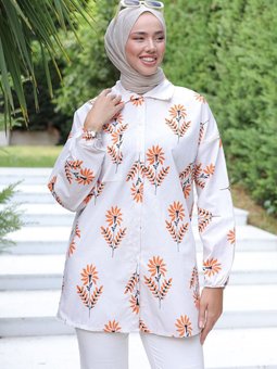 Konfor Modeli Bej Çiçekli Polo Yaka Pamuklu Lüks Abiye Keten Tunik Gömlek 2028