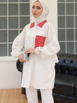 Oversize Salaş Konfor Modeli Pamuklu Fiyonk Detaylı Cepli Uzun Viskon Gömlek Beyaz