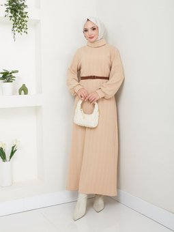 Bej Kemerli Balıkçı Yaka Elbise
