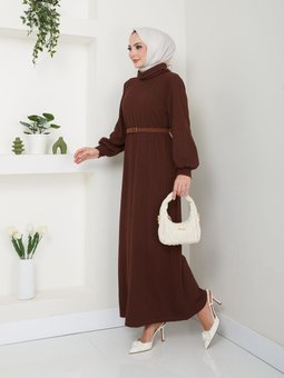 Kahverengi Kemerli Balıkçı Yaka Elbise