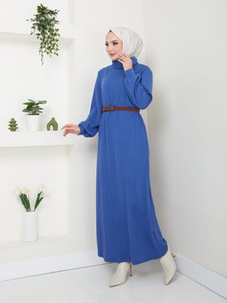 Mavi Kemerli Balıkçı Yaka Elbise