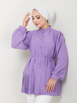 Mor Önü Düğmeli Piliseli Prenses Kol Tunik
