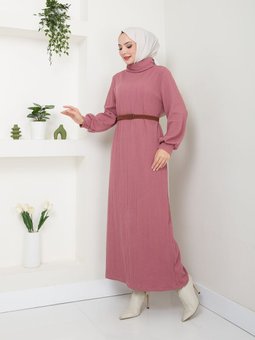 Pudra Kemerli Balıkçı Yaka Elbise