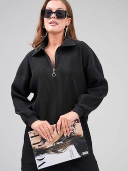 Siyah Fermuarlı Triko Uzun Kazak